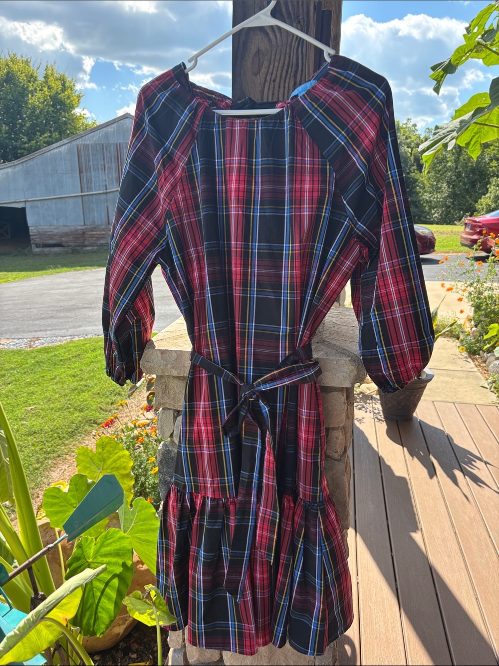 Draper James Red and Black Plaid Cotton Tie-Waist Dress